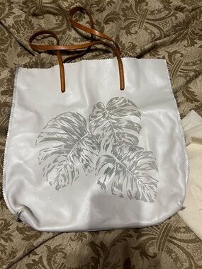 White Tote Bag with Gray Leaf  and Brown Straps